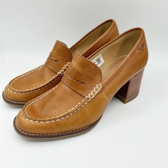 Sperry Seaport Penny Loafer Block Heel Chestnut Brown Leather Size 8 Women's - Picture 1 of 6